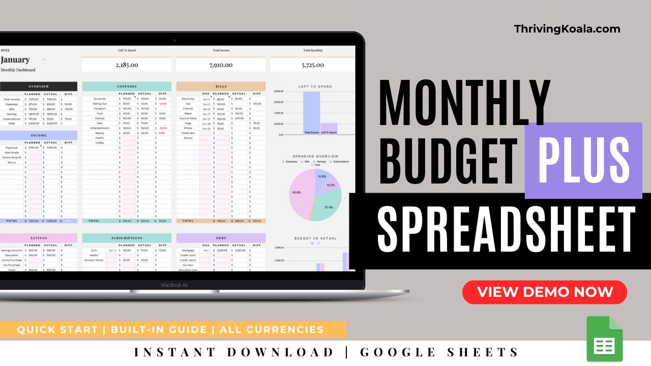 MONTHLY BUDGET TEMPLATE for Google Sheets || Budget Planner Spreadsheet