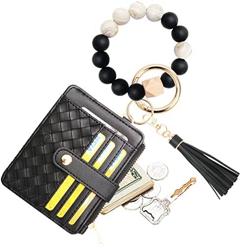 Coolans Wristlet Bracelet Keychain Pocket Credit Card Holder Purse Tassel Keychain Bangle Key Ring For Women (Silicone Bead Bracelet+Card Purse (Black))