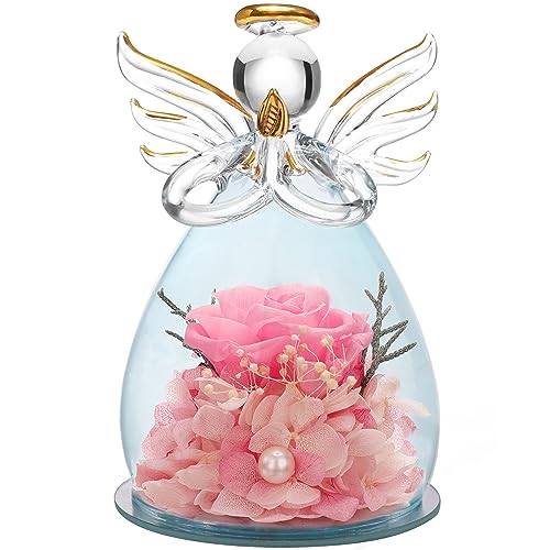 Christmas Mom Birthday Gifts Pink Rose Artificial Flower For Delivery Prime Birthday Gift For Her Fresh Flowers Gifts For Women, Preserved Rose Flower In Angel Figurines Glass Cover Idea For Her