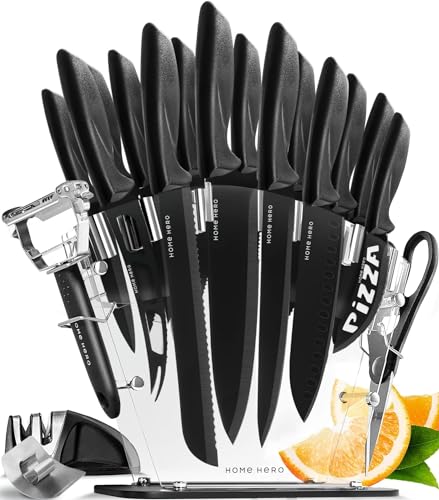 Home Hero Pcs Kitchen Knife Set, Chef Knife Set & Steak Knives   Professional Design Collection   Razor Sharp High Carbon Stainless Steel Knives With Ergonomic Handles (Pcs   Black)