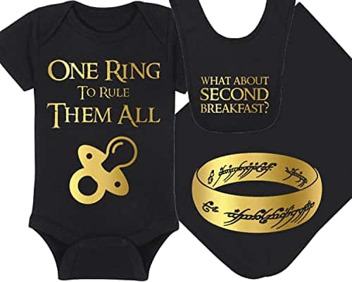 Lotr Baby Onesie, Blanket And Bib   One Ring To Rule Them All   The One Ring   What About Second Breakfast (Onth   Black Fabric   Gold Design)
