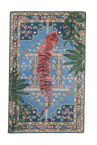 Restoration And Renovation Hand Tufted Bengal Tiger Animal Print Wool Area Rug, Featuring Symmetrical Palm Leaves Design   Ideal For Living Room, Bedroom, Kitchen & Office (' X ', Multi )