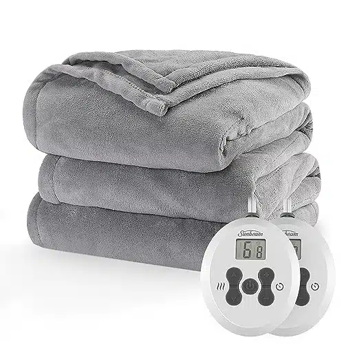 Sunbeam Royal Luxe Microplush Heated Electric Blanket Queen Size, X , Heat Settings, Hour Selectable Auto Shut Off, Fast Heating, Machine Washable, Warm And Cozy, Dove Grey