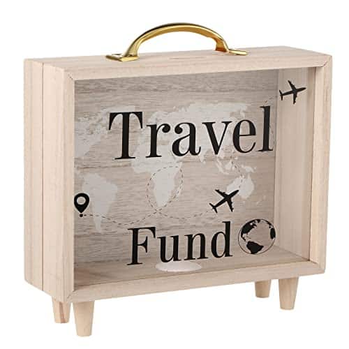 Travel Fund Box Vacation Fund Box Decorative Savings Box Suitcase Wooden Money Box Wood Bank Coin Bank For Adults Travel Vacation Wedding, X X Inch (Travel Fund)