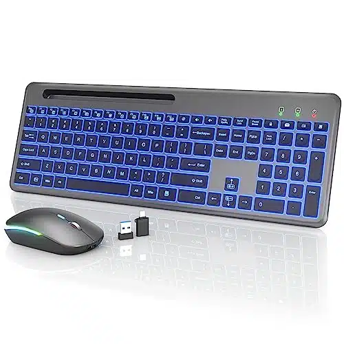 Wireless Keyboard And Mouse, Backlit Effects, Phone Holder, Quiet Light Up Keys, Sleep Mode   Slim Rechargeable Cordless Combo With Type C Adapter For Imac, Pc, Laptop   By Sablute, Gray