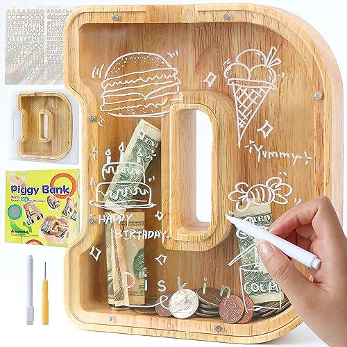 Weallbuy Large Letter Piggy Bank For Kids Boys Girls Wooden Personalized Piggy Banks A Z With Target Area Clear Alphabet Banknote Coin Banks For Gift Decoration Baptism (D)