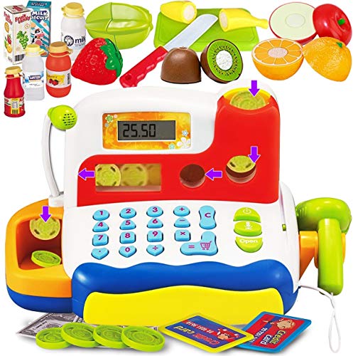 Funerica Toy Cash Register With Scanner, Microphone, And Interactive Calculator. Includes Grocery Food, Cuttable Fruit, Pretend Play Money   For Toddlers And Kids