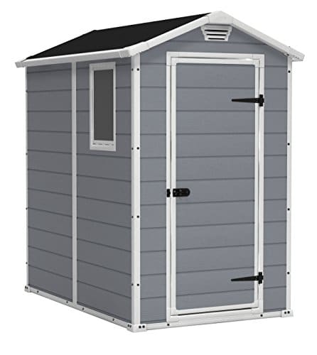 Keter Manor Xresin Outdoor Storage Shed Kit Perfect To Store Patio Furniture, Garden Tools Bike Accessories, Beach Chairs And Lawn Mower, Grey & White
