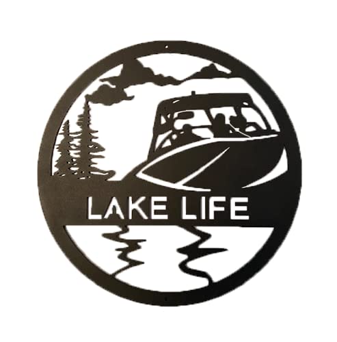 Lake House Gifts   Our Lake Signs Will Enhance Lake Life Decor As An Indoor Or Outdoor Metal Wall Art   Black Wall Decor   Lake Life With Speedboat, Inch Diameter