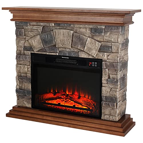 Stone Electric Fireplace, Thermomate Inch Stone Mantel Package With Inch Electric Fireplace Built In, Modern Rock Face Electric Fireplace With Thermostat And Realistic Log Set, Brown