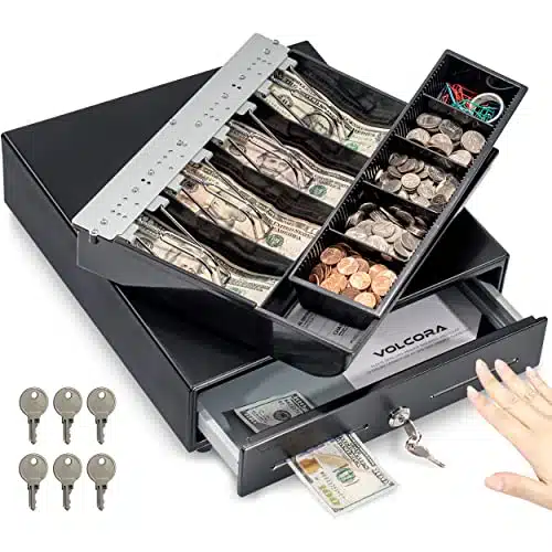 Volcora Anual Push Open Cash Register Drawer For Point Of Sale (Pos) System, Black Heavy Duty Till With Bills And Coin Slots, Key Lock With Fully Removable Money Tray And Double Media Slots