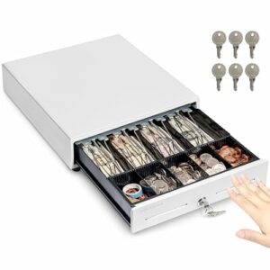 Volcora anual Push Open Cash Register Drawer for Point of Sale (POS) System, White Heavy Duty Till with Bills and Coin Slots, Key Lock with Fully Removable Money Tray and Double Media Slots