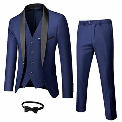 Ynd Men'S Piece Slim Fit Tuxedo Suit Set, One Button Shawl Collar Solid Business Blazer Jacket Vest Pants With Bow Tie, Deep Blue