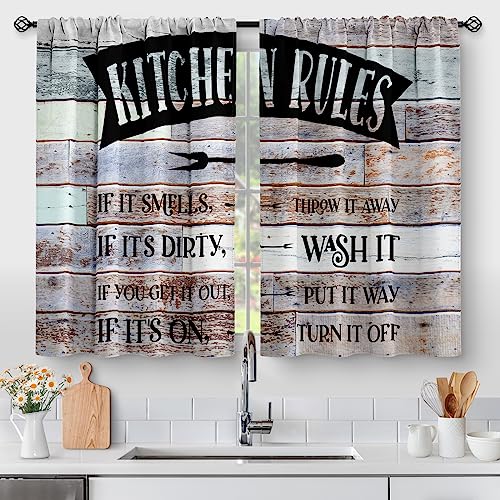 Aimego Wooden Barn Farmhouse Kitchen Curtains   Rustic Wood Country Retro Small Short Cafe Tier Curtains Decor For Living Dining Room Farm Family Rules Window Drapes Inch Length Panels X