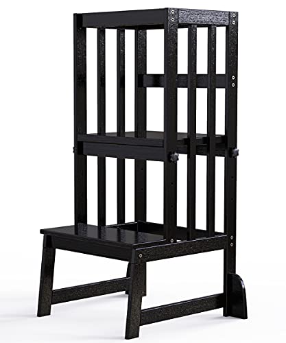 Dorpu Toddler Tower, Adjustable Height Kids Kitchen Step Stool With Cpc Certification, Unique Patents With Safety Rail & Anti Tip & Non Slip Mat & Vertical Guardrail Toddler Kitchen Stoolblack