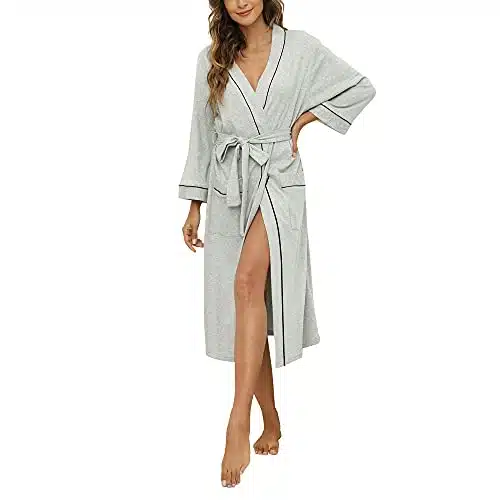 Heartnice Womens Cotton Robe, Soft Kimono Spa Knit Long Bathrobe Lightweight Loungewear(Grey Mel.,L)