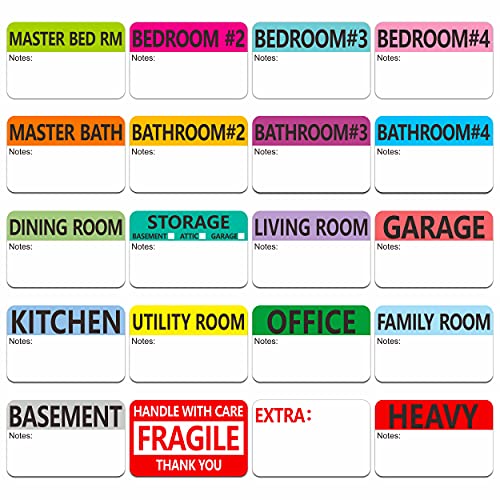 Hebayy Pcs Designs Pre Printed Color Coded Home Moving Packing Box Labels With Writable Notes Areas, Each Measures  X 