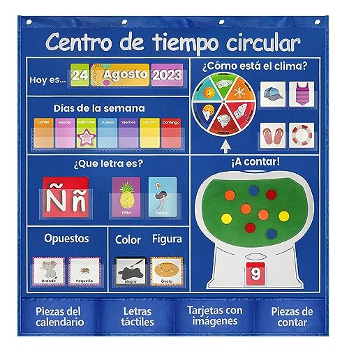 Mewise Spanish Circle Time Center Pocket Chart, Calendar Weather Activities Learning Center For Classroom, Colorsshapesoppositescounting For Classroom Homeschooling Educationa