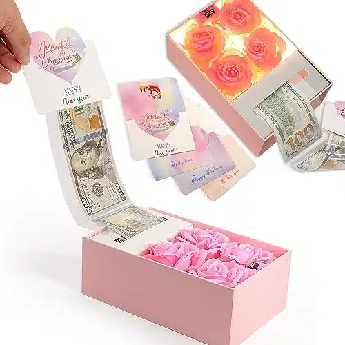 Money Box For Cash Gift Pull, Money Gift Boxes For Cash On Birthday, Christmas, Graduation, Mother'S Day, For Husband, Wife, Girlfriend, Mother With Soap Rose Flower And Greeting Cards (Pink+Pink)