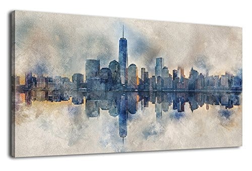 New York City Canvas Wall Art Navy Blue Pictures Abstract Paining City Reflection In Water Canvas Painting Modern City Skyline Canvas Prints Artwork For Living Room Bedroom Office Wall Decor X