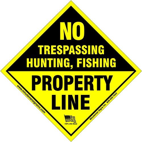 No Trespassing, No Hunting, No Fishing, Property Line Marker, Small, Diamond, Aluminum, Yellow, Pack