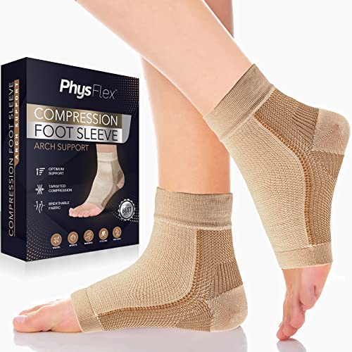 Physflex Compression Socks For Plantar Fasciitis, Achilles Tendonitis Relief   (Pair) Ankle Compression Sleeve For Heel Spurs, Foot Swelling & Fatigue   Arch Support Brace For