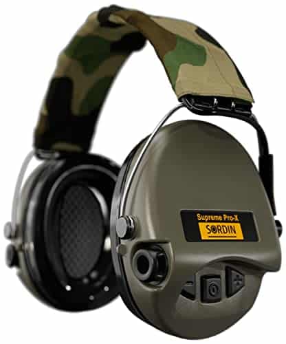 Sordin Supreme Pro X Sorx G S   Active Adjustable Ear Muffs   Hearing Protection   Gel Seals   Camo Canvas Headband And Green Cups