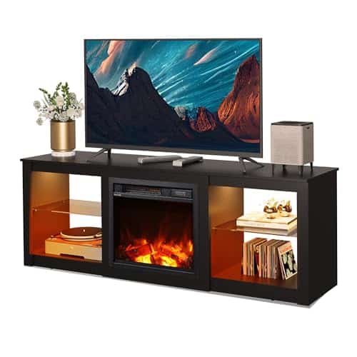 Wlive Fireplace Tv Stand For Tvs Up To Inch, Electric Fireplace Tv Console With Led Lights, Modern Tv Stand For Living Room, Entertainment Console With Glass Shelves, Black